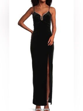 Black Velvet Evening Gown with Silver Beaded Trim